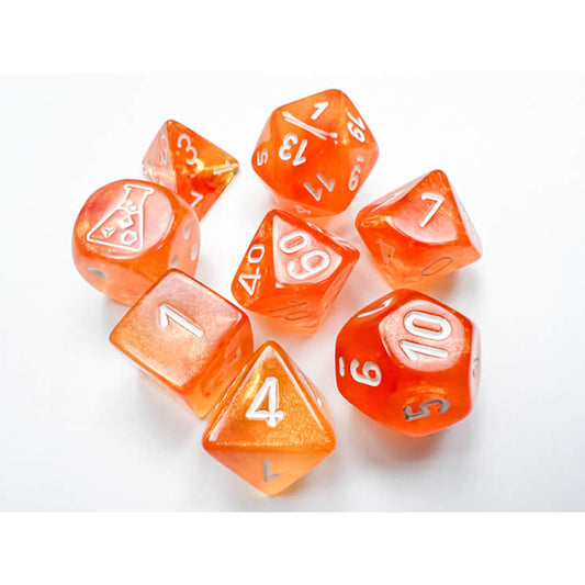 CHX30052 Borealis Blood Orange Luminary Dice with White Numbers 7+1 Dice Set 16mm (5/8in) Main Image