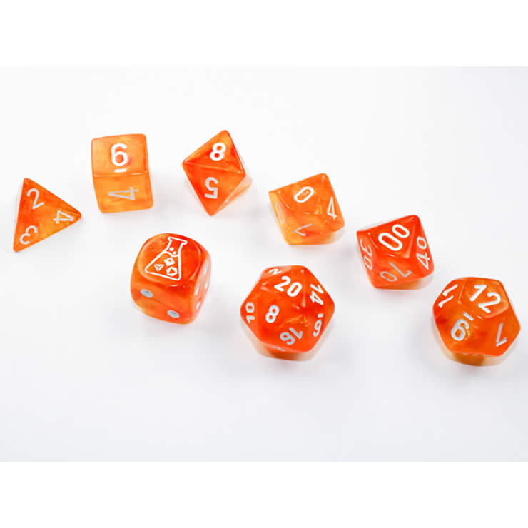 CHX30052 Borealis Blood Orange Luminary Dice with White Numbers 7+1 Dice Set 16mm (5/8in) 3rd Image