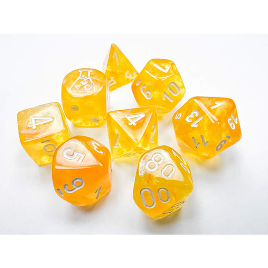 CHX30053 Borealis Canary Luminary Dice with White Numbers 7+1 Dice Set 16mm (5/8in) Main Image