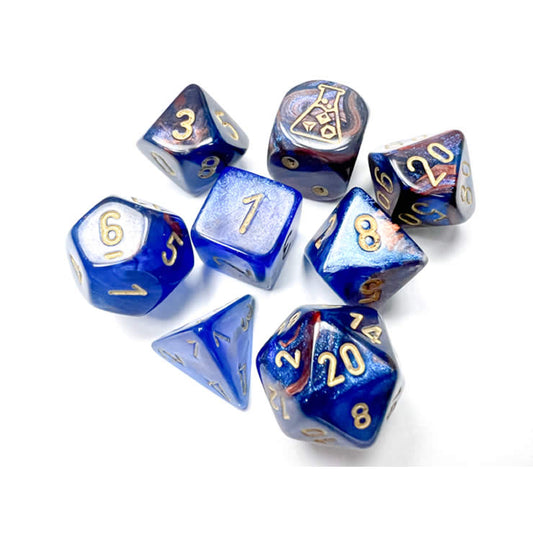 CHX30055  Azurite Lustrous Dice with Gold Numbers 7+1 Dice Set 16mm (5/8in) Main Image