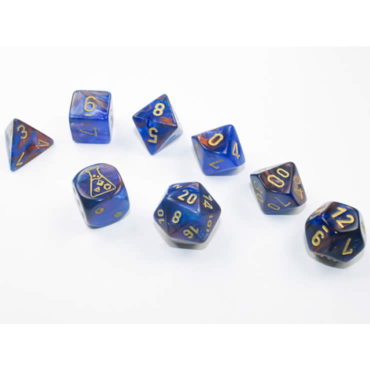 CHX30055  Azurite Lustrous Dice with Gold Numbers 7+1 Dice Set 16mm (5/8in) 2nd Image
