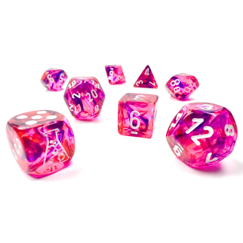 CHX30057 Red Nebula Black Light Special Dice White Numbers 7+1 Dice Set 16mm (5/8in)