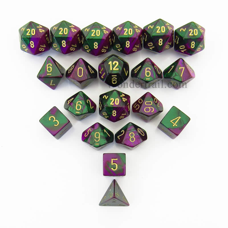 CHXLE827 Green Purple Gemini Dice Gold Numbers 16mm (5/8in) Pack of 20 Main Image