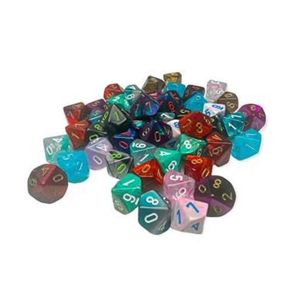 CHXLE918 Assorted Mini Dice No 2 with Numbers D10 10mm (3/8in) Pack of 50 Chessex