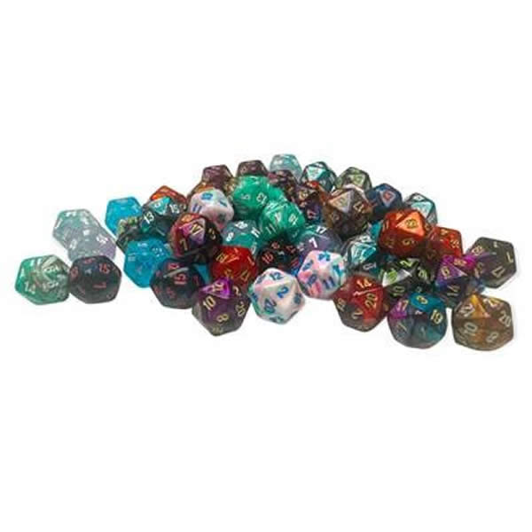 CHXLE919  Assorted Mini Dice No 2 with Numbers D20 10mm (3/8in) Pack of 50