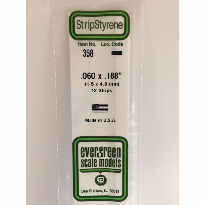 EVG358 Styrene Dimensional Strips .060in x .188in x 24in (12) Evergreen Main Image