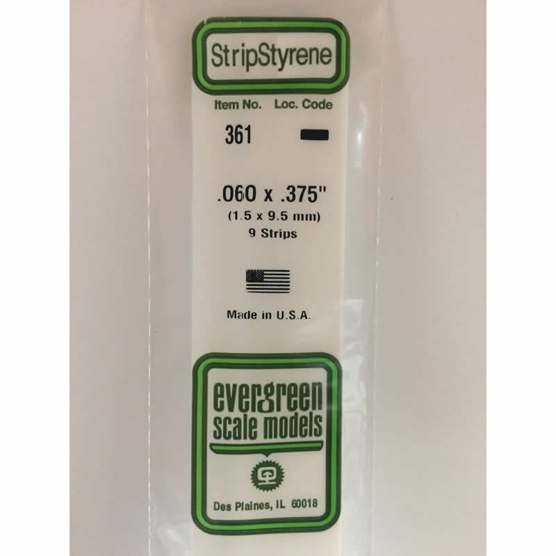 EVG361 Styrene Dimensional Strips .060in x .375in x 24in (9) Evergreen Main Image