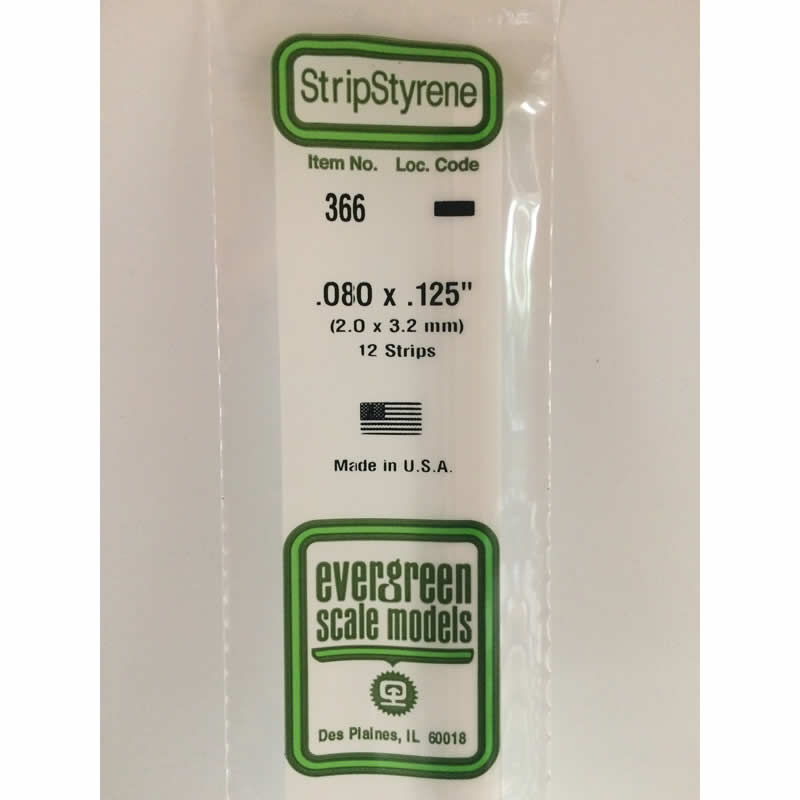 EVG366 Styrene Dimensional Strips .080in x .125in x 24in (12) Evergreen Main Image