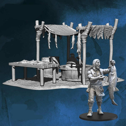 FLM28086 Fish Seller and Sellers Tent Figure Kit 28mm Heroic Scale Miniature Unpainted Main Image