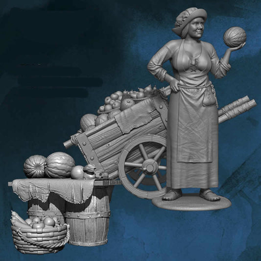 FLM28098 Vegetable Seller with Cart and Fruit Barrels Figure Kit 28mm Heroic Scale Miniature Unpainted Main Image