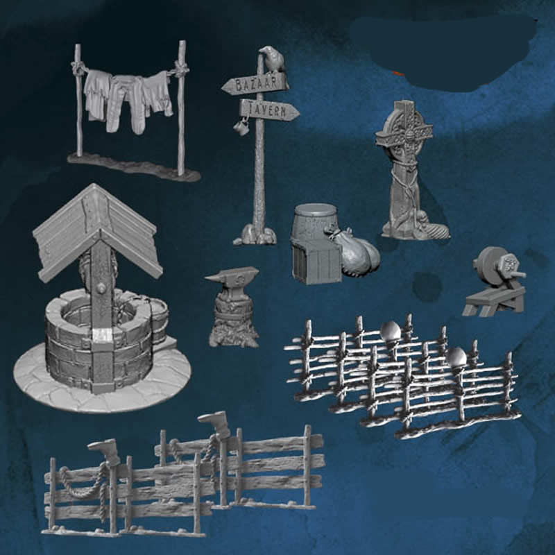 FLM28182 Village  Accessory Set 28mm Heroic Scale Miniature Unpainted Main Image