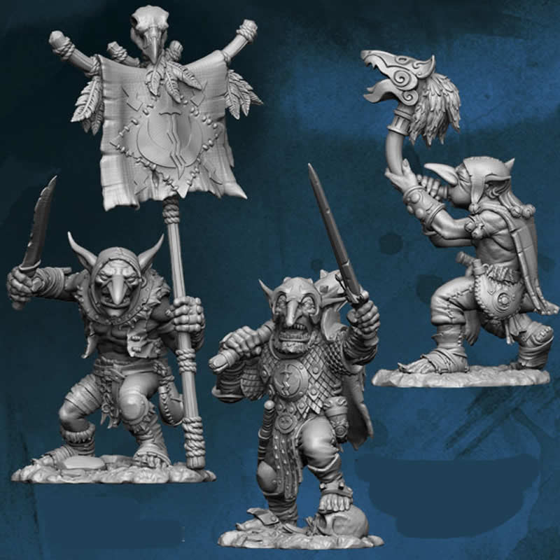 FLM28GOB05 Goblin Command Pack Leader, Standard, Muscian Figure Kit 28mm Heroic Scale Miniature Unpainted Main Image