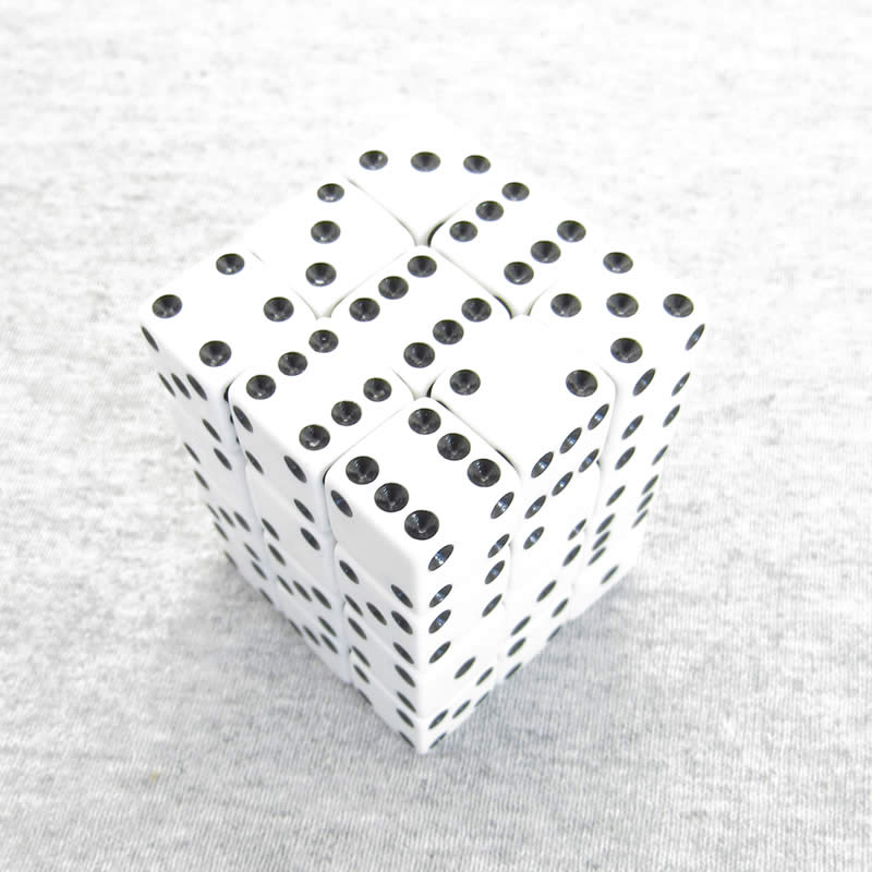 KOP01835 White Opaque Squared Corner Dice Black Pips D6 12mm Pack of 36 Main Image