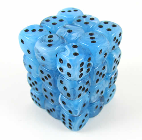 KOP04645 Swirl Ice Blue Dice Black Pips D6 12mm (1/2in) Pack of 36 Koplow Main Image