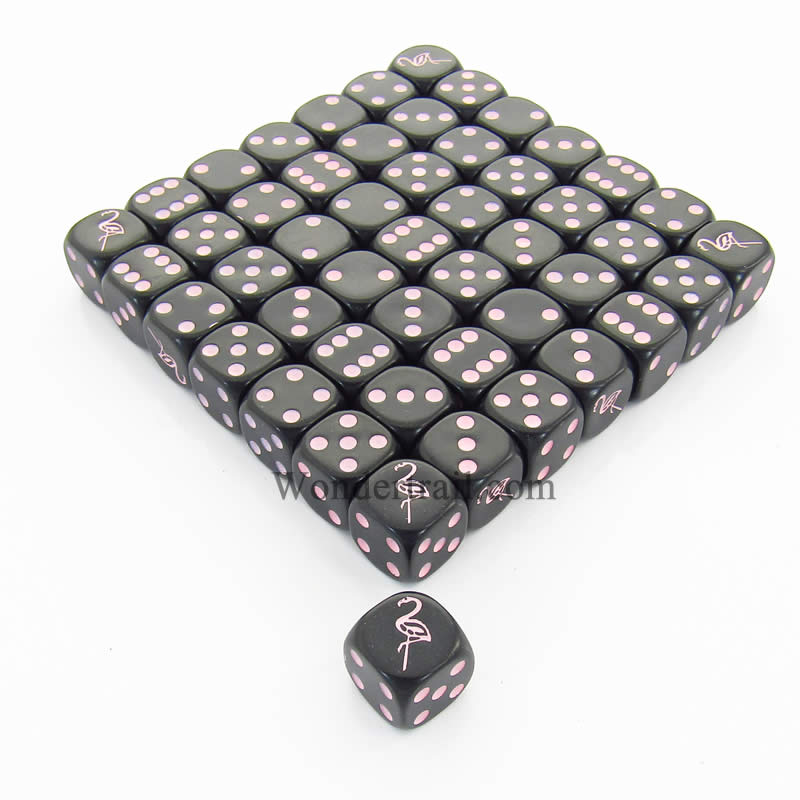 KOP04926 Flamingo Dice Opaque Black Pink Pips 16mm Bulk Pack of 50 Main Image