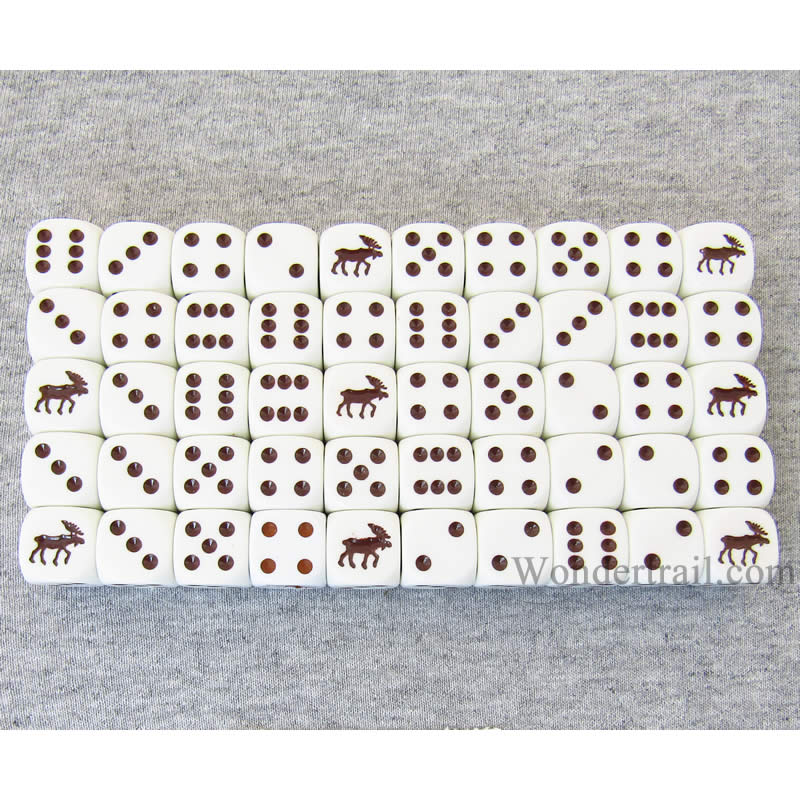 KOP04947 Moose Dice Opaque White Brown Pips 16mm Bulk Pack of 50 Main Image