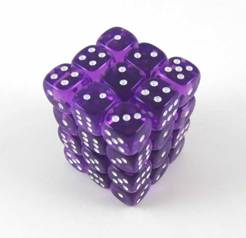 KOP05123 Purple Transparent Deluxe Dice White Pips D6 12mm Pack of 36 Main Image