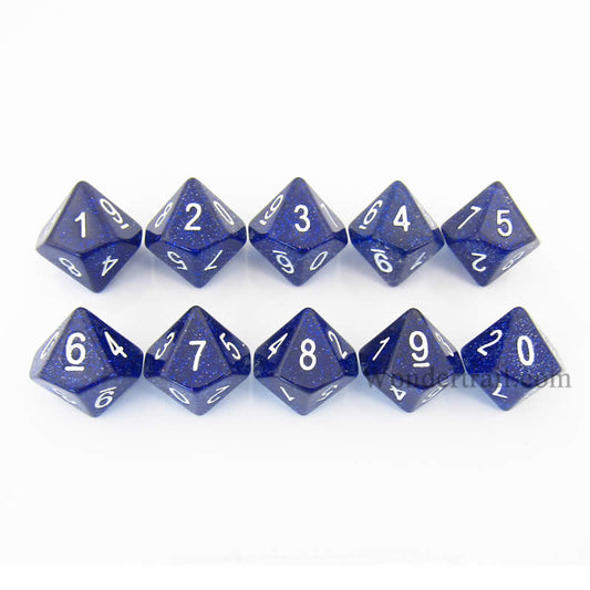 KOP08493 Blue Glitter Dice with White Numbers D10 16mm (5/8in) Pack of 10 Main Image