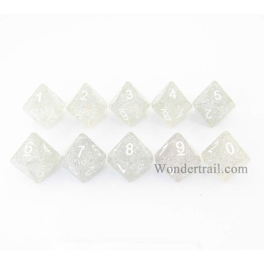 KOP08494 Clear Glitter Dice with White Numbers D10 16mm (5/8in) Pack of 10 Main Image