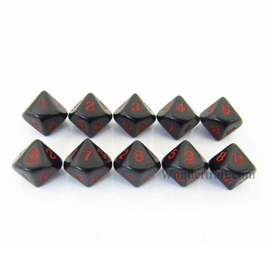 KOP08506 Black Opaque Dice Red Numbers D10 16mm (5/8in) Pack of 10 Main Image