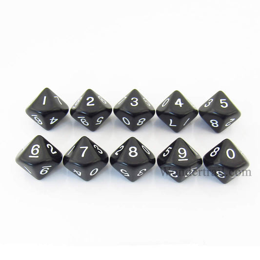 KOP08507 Black Opaque Dice White Numbers D10 16mm (5/8in) Pack of 10 Main Image