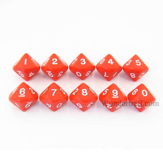 KOP08511 Red Opaque Dice White Numbers D10 16mm (5/8in) Pack of 10 Main Image