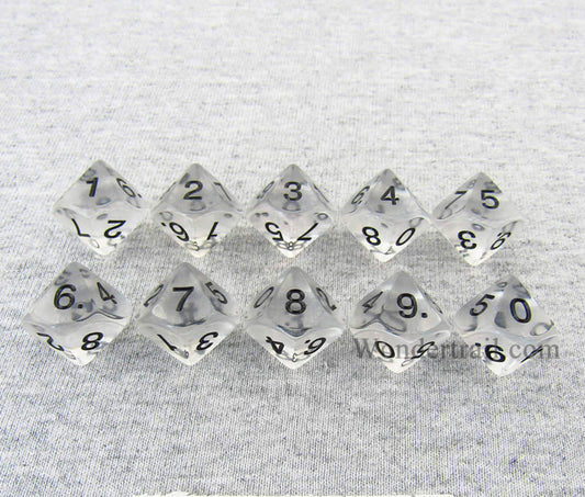 KOP08521 Clear Transparent Dice Black Numbers D10 16mm Pack of 10 Main Image