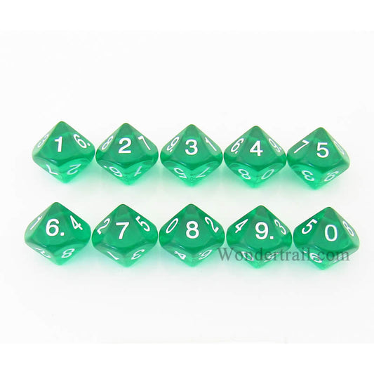 KOP08522 Green Transparent Dice White Numbers D10 16mm Pack of 10 Main Image