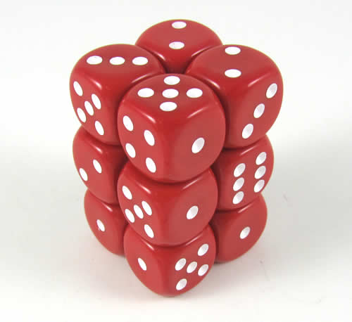 KOP08588 Red Opaque Deluxe Dice White Pips D6 16mm (5/8in) Pack of 12 Main Image