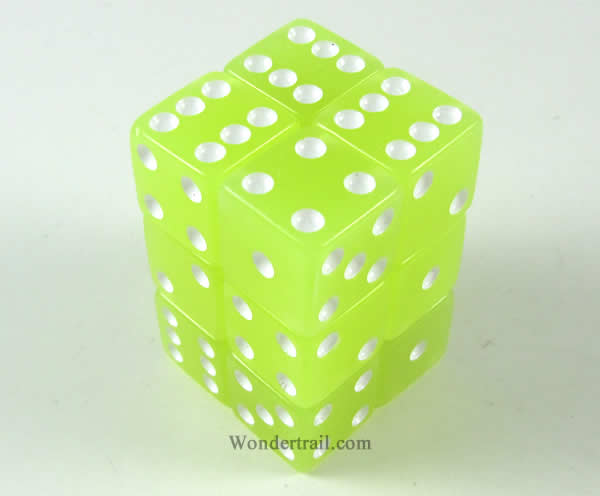 KOP08608 Lemon Glow in the Dark Dice White Pips D6 16mm Pack of 12 Main Image