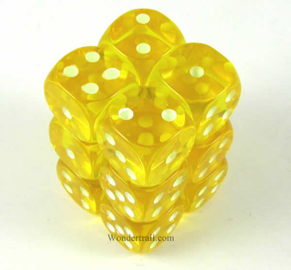 KOP08649 Yellow Transparent Dice Glow in the Dark Pips D6 16mm Pack of 12 Main Image