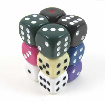 KOP08749 Assorted Opaque Deluxe Dice Pips D6 16mm (5/8in) Pack of 12 Main Image