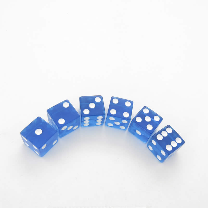 KOP08970 Blue Translucent Dice with White Pips D6 16mm (5/8in) Pack of 6 Main Image