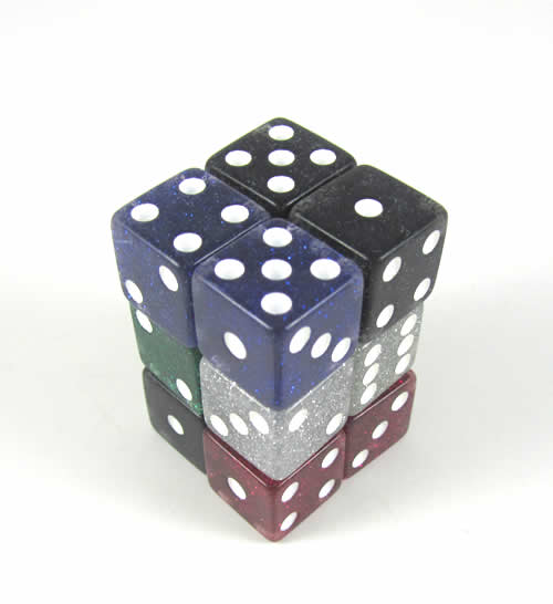 KOP09205 Assorted Glitter Dice with White Pips D6 16mm (5/8in) Pack of 12 Main Image