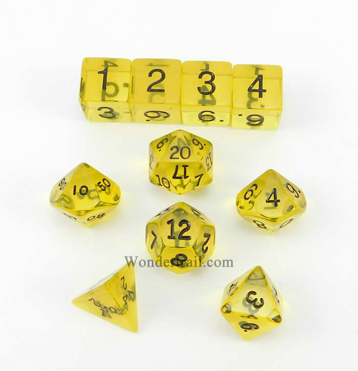 KOP09956 Yellow Transparent Dice Black Numbers 16mm (5/8in) Set of 10 Main Image