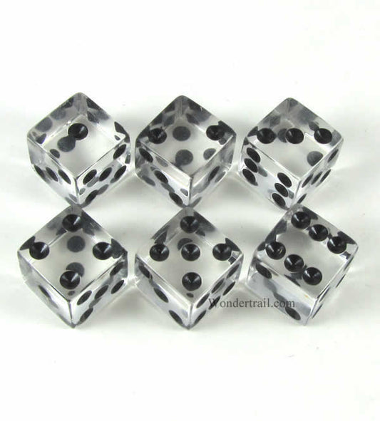 KOP10762 Clear Transparent Dice Black Pips D6 16mm (5/8in) Pack of 6 Main Image