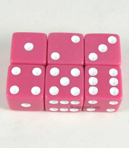 KOP10862 Pink Opaque Dice with White Pips D6 16mm (5/8in) Pack of 6 Main Image