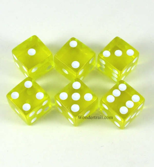 KOP10877 Yellow Transparent Dice White Pips D6 16mm (5/8in) Pack of 6 Main Image