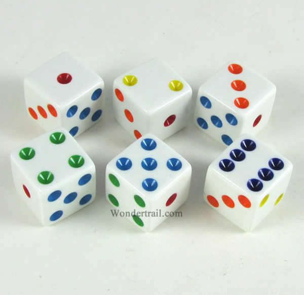 KOP11041 White Opaque Dice Multi-Colored Pips D6 16mm (5/8in) Pack of 6 Main Image