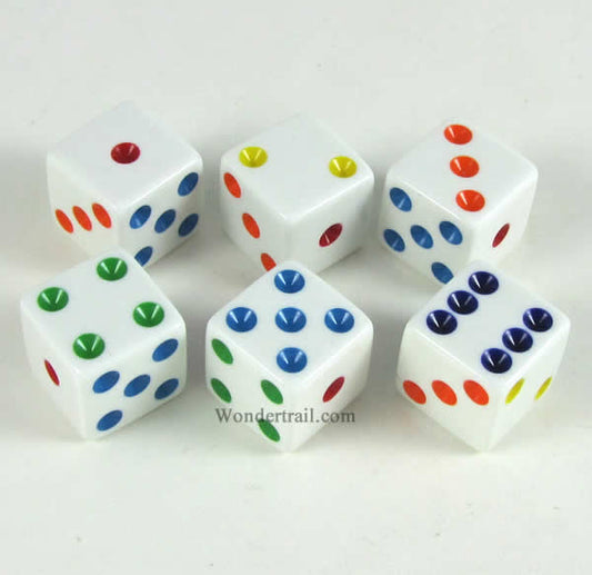 KOP11041 White Opaque Dice Multi-Colored Pips D6 16mm (5/8in) Pack of 6 Main Image