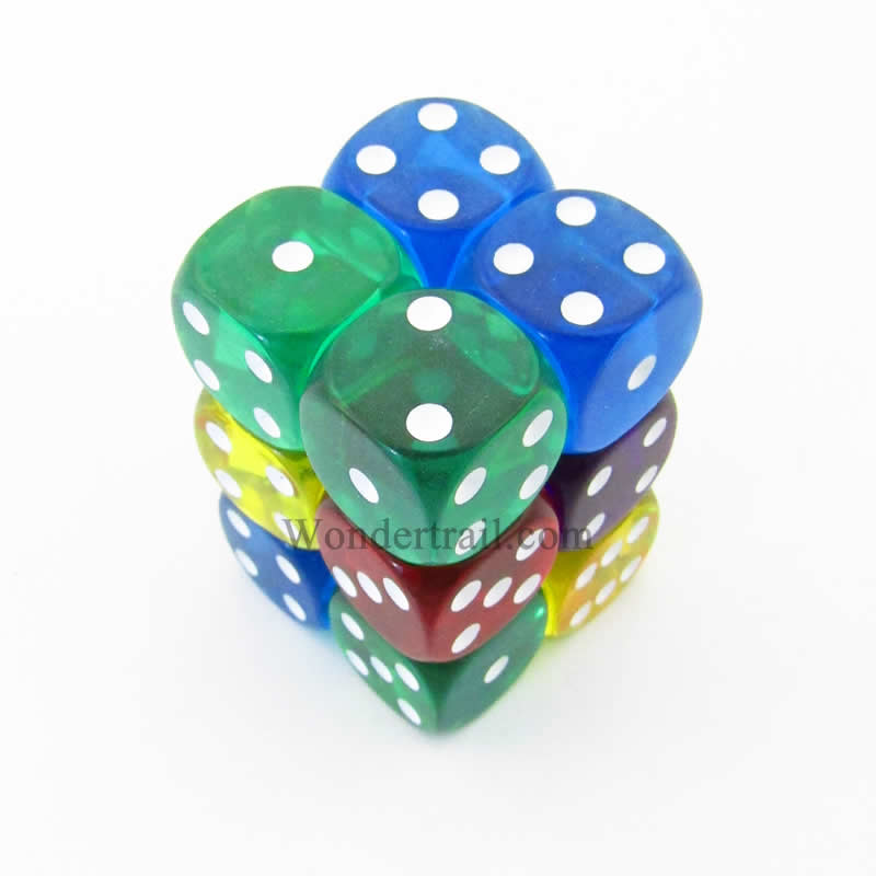 KOP11688 Assorted Transparent Dice with White Pips D6 16mm (5/8in) Pack of 12 Koplow Games Main Image