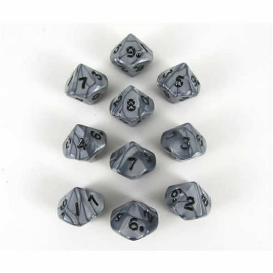 KOP12312 Silver Olympic Dice Black Numbers D10 16mm (5/8in) Set of 10 Main Image