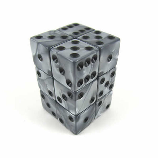 KOP12355 Silver Olympic Dice with Black Pips D6 16mm (5/8in) Set of 12 Main Image