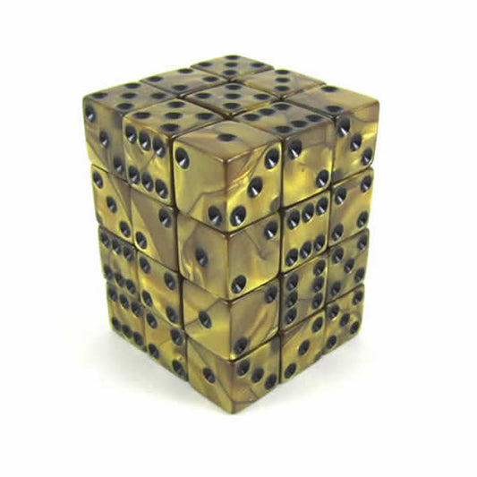KOP12366 Gold Olympic Dice with Black Pips D6 12mm (1/2in) Set of 36 Main Image