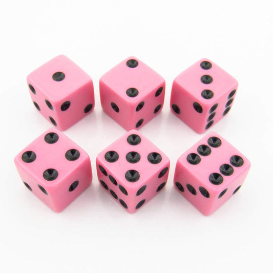 KOP12666 Pink Opaque Dice with Black Pips D6 16mm (5/8in) Pack of 6 Main Image