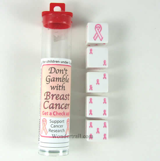 KOP15526 Pink Ribbon Dice White Opaque Pink Ribbons D6 19mm Pack of 5 Main Image