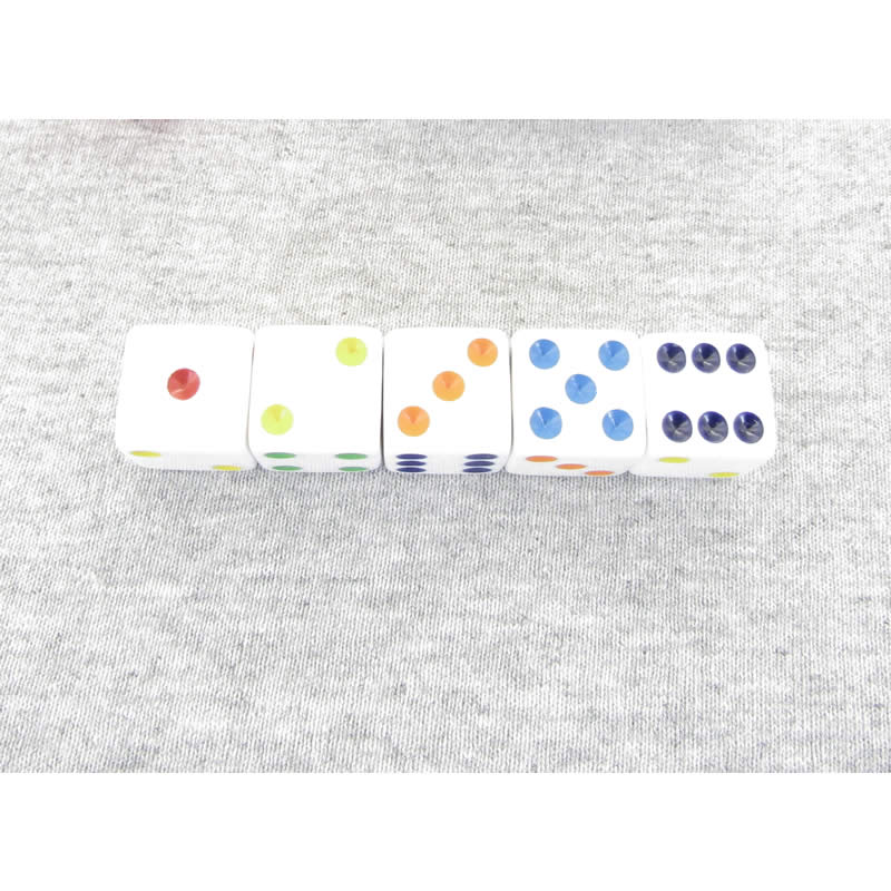 KOP16242 Rainbow Dice White Opaque Rainbow Colored Pips 16mm Set of 5 Main Image