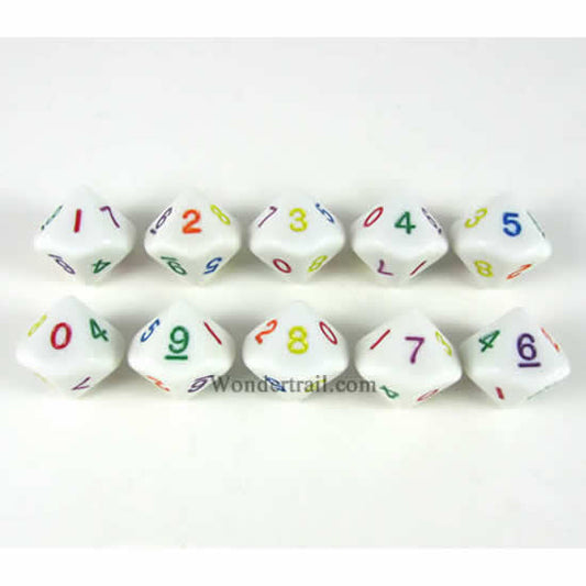 KOP17348 Rainbow Dice White with Colored Pips D10 16mm Pack of 10 Main Image