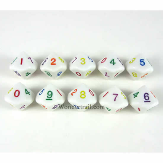 KOP17348 Rainbow Dice White with Colored Pips D10 16mm Pack of 10 Main Image