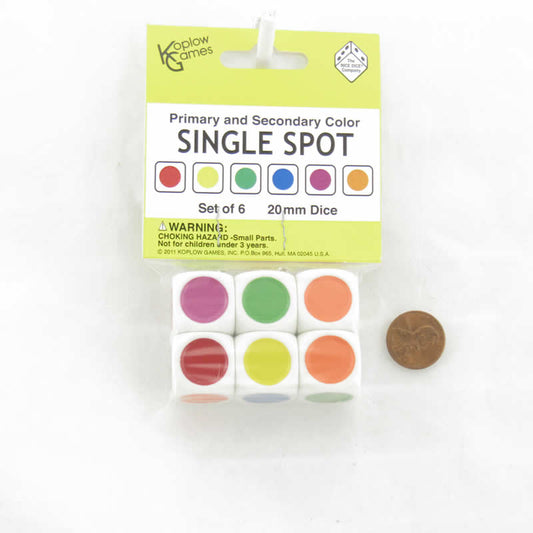 KOP17518 White Spot Dice Different Colored Spots D6 20mm Set of 6 Koplow Games Main Image